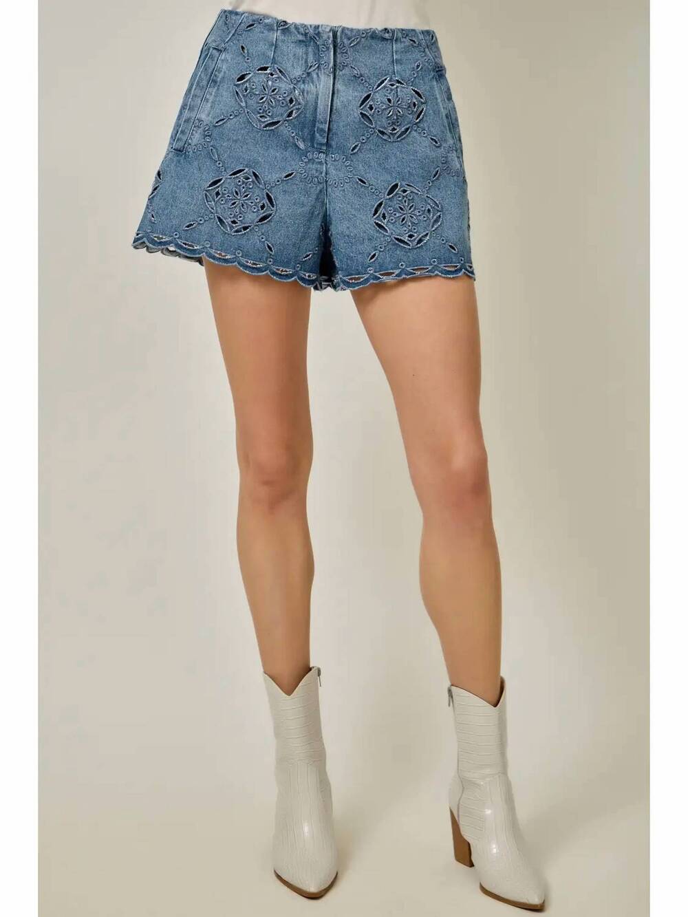 NEW MYSTREE scallop hem eyelet shorts in blue denim